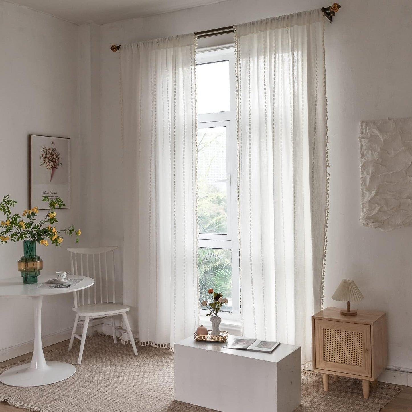 BCLBUSTE Boho Curtains Semi-Blackout 84 Inch 2 Panels for Living Room, Linen Tassels Farmhouse Curtains with Embroidery for Bedroom Rod Pocket Draperies 52" W x 84" L, Off White