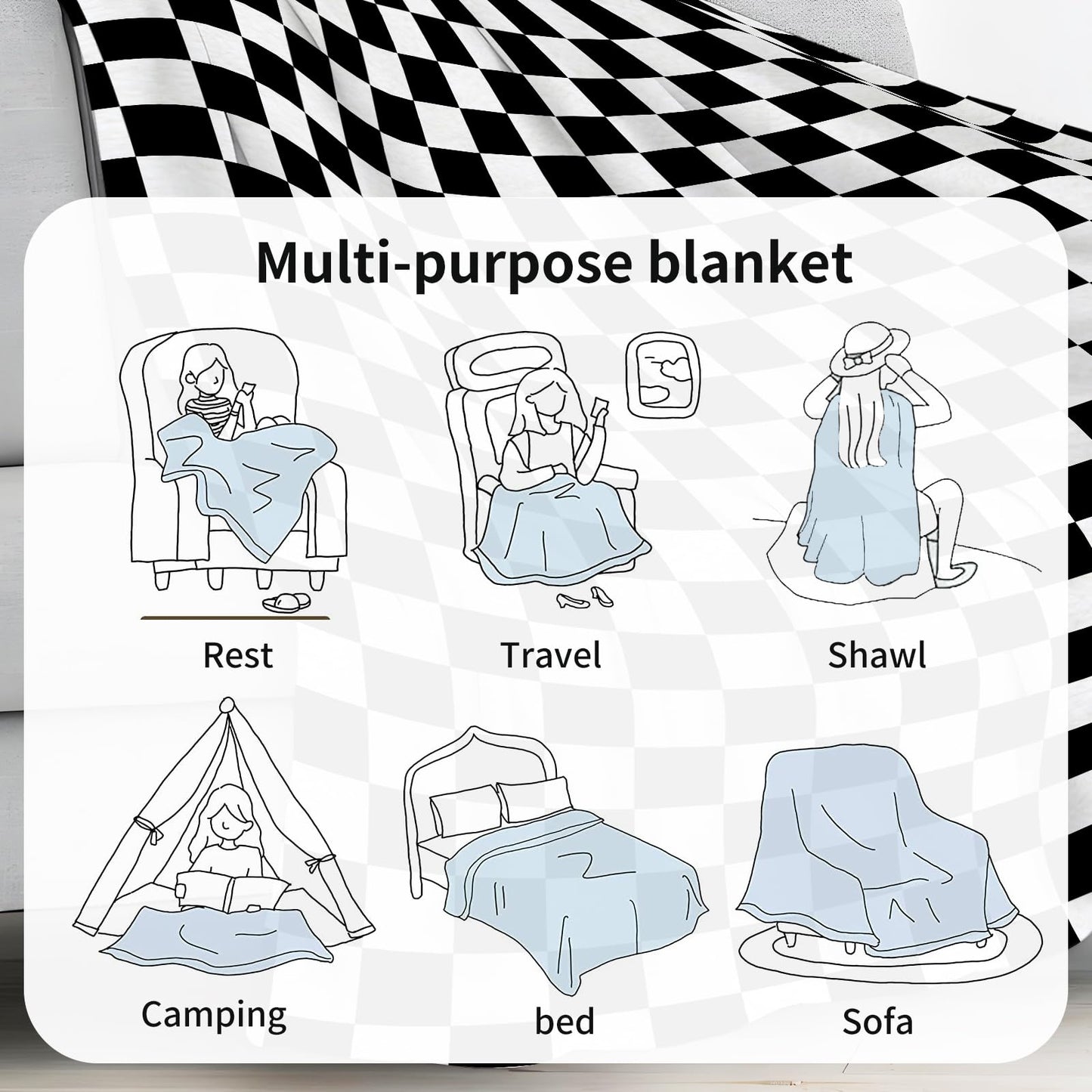 ANIOXCK Throw Blanket for Couch, 300GSM Warm Soft Cozy Flannel Blanket, Cute Blanket for All Seasons Bedroom Home Decor Gifts, Black White Checkerboard 50x60 Inches