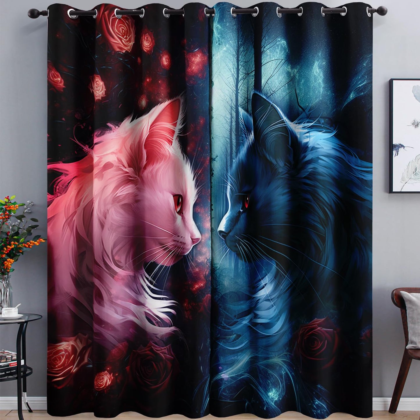 AILONEN Kids Bedding Black Red Cat Window Curtains for Girls,Boys Room Decor,Cat Lover's Animal Theme Design Curtains Drapes,Red Rose Window Treatments Drapes, 38" W x 45" H 2 Panels