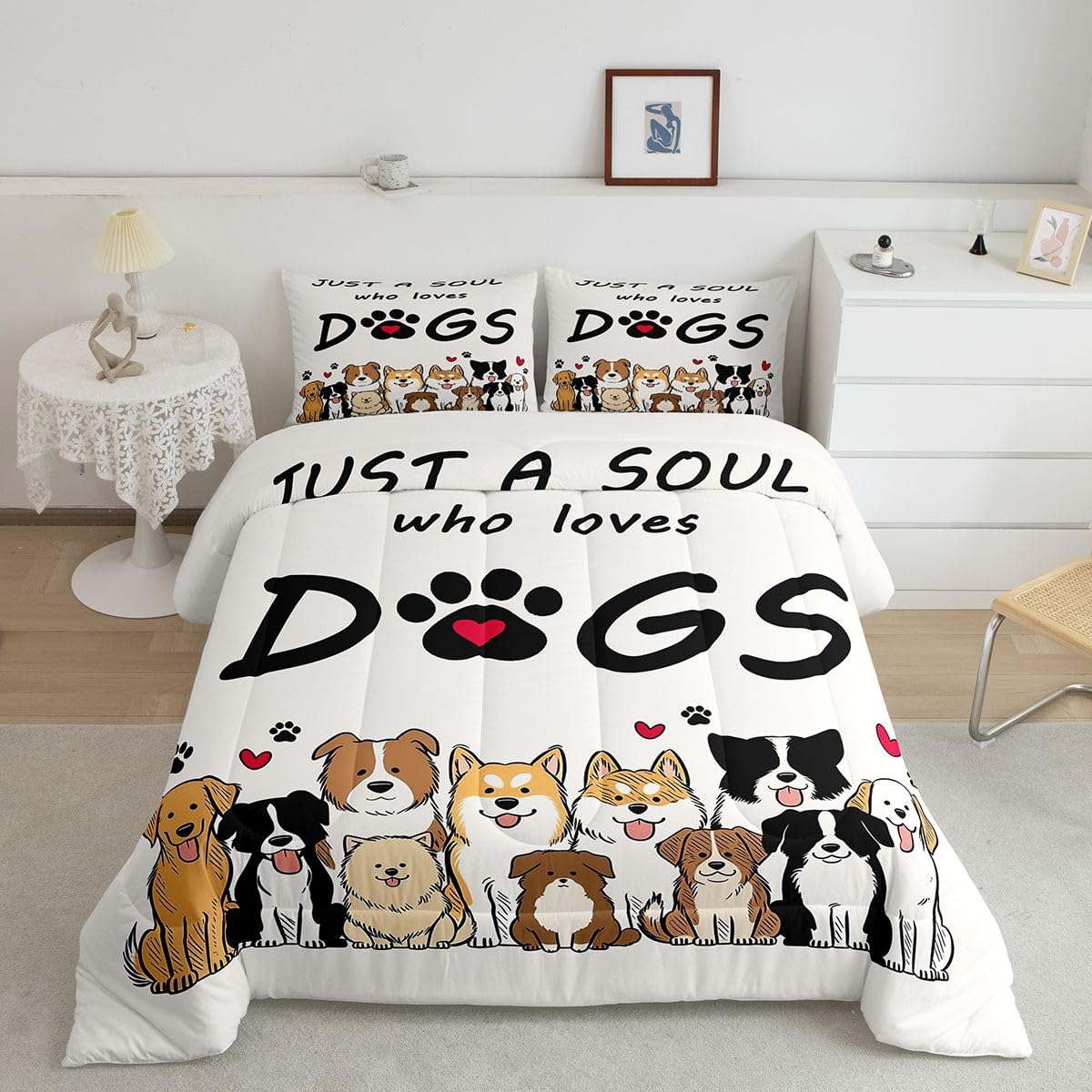 jejeloiu Cute Dog Comforter Set All Season Puppy Dog Bedding Set with 2 Pillow Cases Kawaii Animals Decor Microfiber Kids Queen Bedclothes Bedroom Decor Duvet Quilt Breathable Soft Lightweight