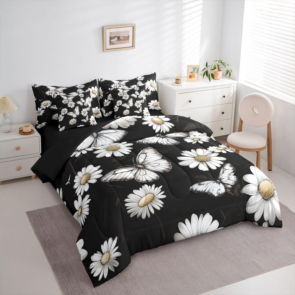 Erosebridal Daisy 7 Piece Bedding Set Twin Butterfly Comforter Set with Sheets Princes White Flowers Petal Plants for Kids Boys Girls Cute Oil Painting Modern Art Bed in a Bag