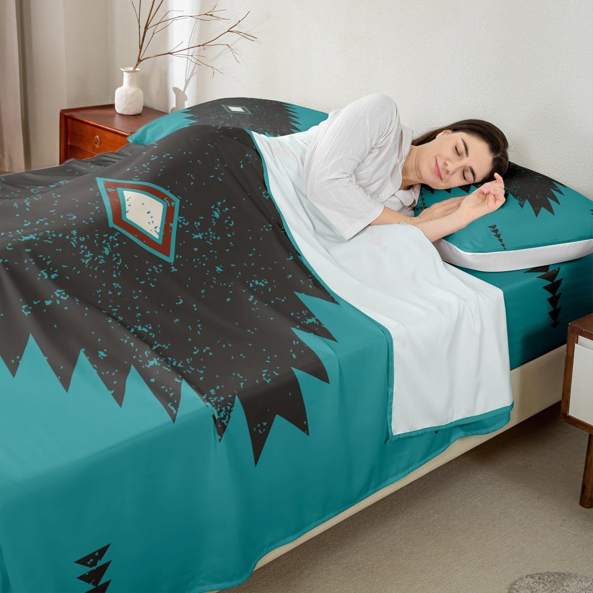 jejeloiu Southwest Aztec Bed Sheets Set Queen Size Native American Bed Set Geometric Deep Pocket Fitted Sheet Boho Breathable Soft Lightweight Microfiber