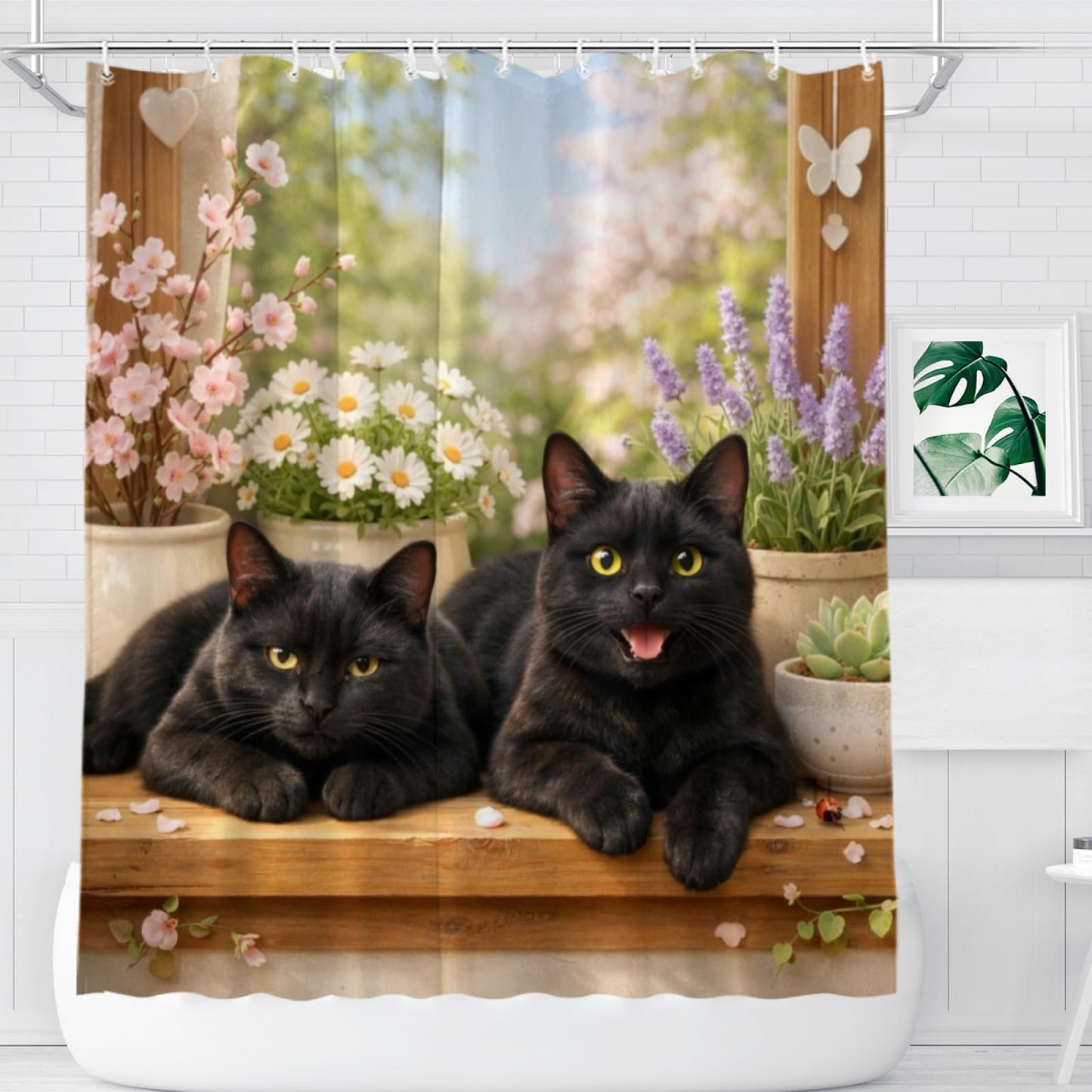 REZHOCH Fun Black Cat Shower Curtain 72x72Inch Cute Animals Home Bathroom Decor,Spring Summer Floral Window Scene Rustic Farmhouse Plants Soft Pastel Nature Waterproof Bath Set