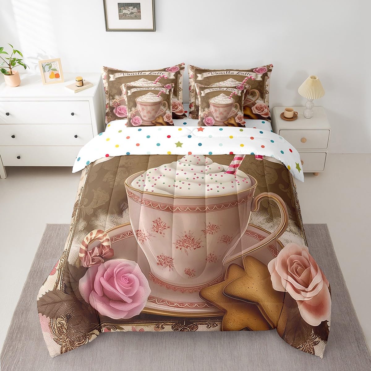 Erosebridal Vanilla Lattle Comforter Set Full Size,Romantic Rose Bedding Set for Kids Teens,Fragrant Coffee (Comforter+Fitted+Flat Sheet+2 Pillowcases+2 Throw Pillow Covers) 7 Pieces Bed Set