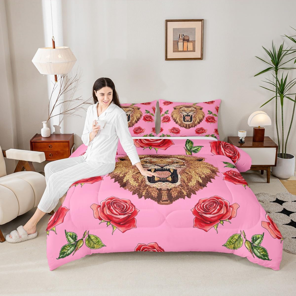 Erosebridal Lion Roses Comforter Set Twin Size Wild Flowers Bedding Set for Kids Girls BoysSafari Animal Comforter Pink Garden Farm Quilt Bedroom Decor
