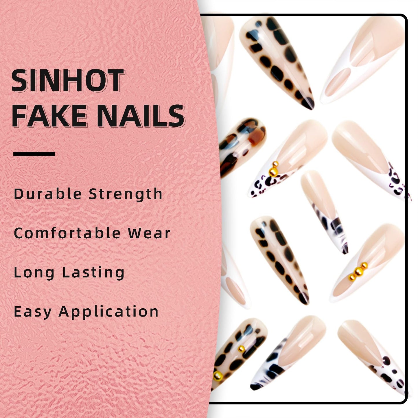 SINHOT Stiletto Press on Nails Long - Long Fake Nails, Glossy Finish, Zebra Stripes & Gold Chrome Pearls, DIY Artificial False Nail Art - 24 Pcs Nail Kit with Glue