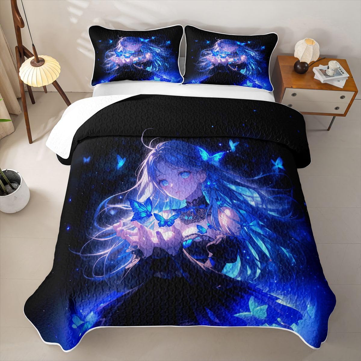 Erosebridal Japanese Girl Quilt Twin Size - Anime Gifts Bedspread Butterfly Decorations Bed Coverlet with 1 Pillowcase
