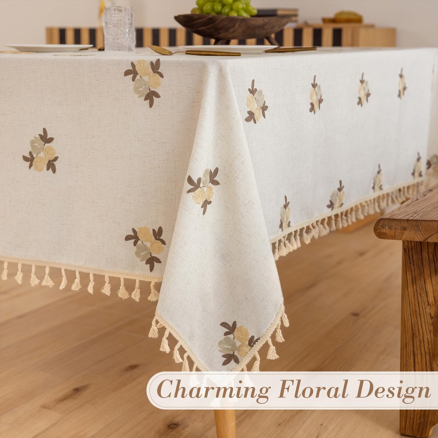 Cream Linen Tablecloth Rectangle 60 x 84 Inch Brown Floral Pattern Embroidered Table Cloth with Tassel Heavy Duty Neutral Vintage Farmhouse Thick Faux Burlap Table Cover for Dining Party Holiday