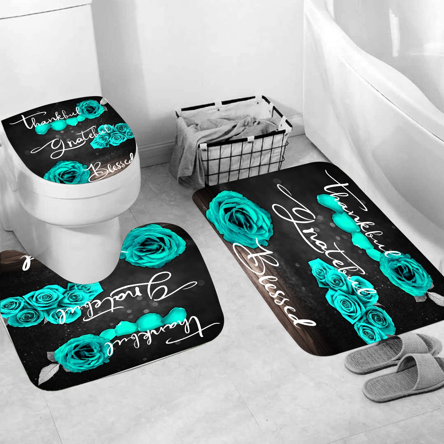 4Pcs Teal Rose Shower Curtain Set, Thankful Grateful Blessed Turquoise Bathtub Curtain with Non-Slip Rug, Toilet Lid Cover, Bath Mat and 12 Hooks, Romantic Green Floral Bathroom Decor, 72 x 72 inch