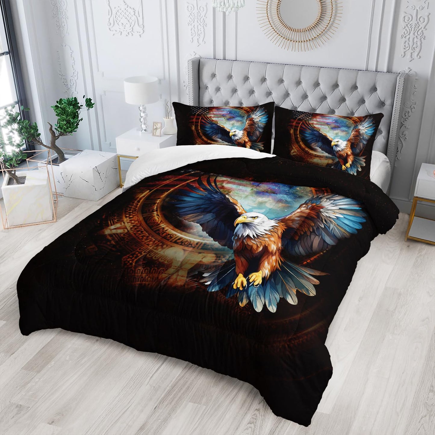 Nttopship Eagle American Flag Comforter Set,3 Pieces Eagle Bedding Queen Size United States Flag Lightweight Down Alternative Comforter 2 Pillowcase All Seasons