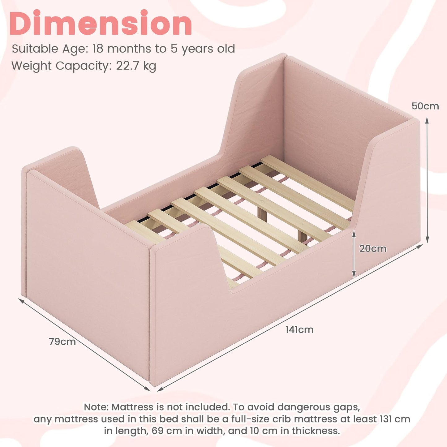 Costzon Toddler Bed, Soft Velvet Fabric Upholstered Children Floor Bed Frame with Safety Rails, No Mattress, Kids Bed for Girl Boys (Wood Foam, Pink)