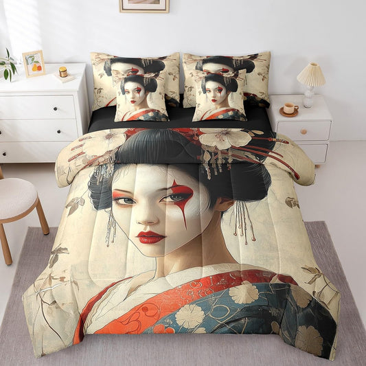 Erosebridal Aesthetic Japanese Comforter Set Twin,Japan Geisha Bed in a Bag for Girl Women Lady,Japanese Ukiyoe Quilt,Vintage Victorian Kimono Bedding Set 7Pcs