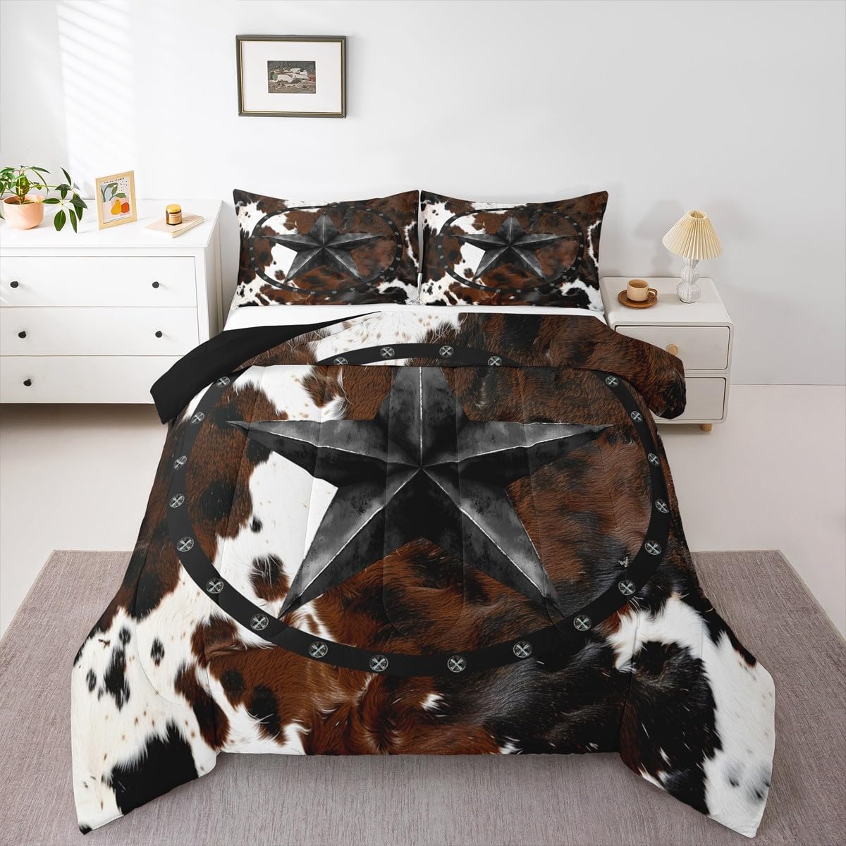 jejeloiu Texas Star Bedding Set Soft for Boys Girls, Western Cowhide Comforter Set Queen Size Farmhouse Rustic Duvet Quilt Microfiber Cow Fur Print Bedroom Decor 3 Pcs with 2 Pillow Cases