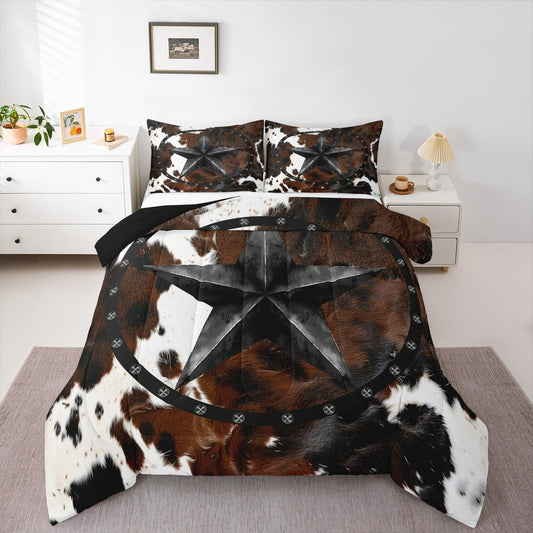 jejeloiu Texas Star Bedding Set Soft for Boys Girls, Western Cowhide Comforter Set Queen Size Farmhouse Rustic Duvet Quilt Microfiber Cow Fur Print Bedroom Decor 3 Pcs with 2 Pillow Cases