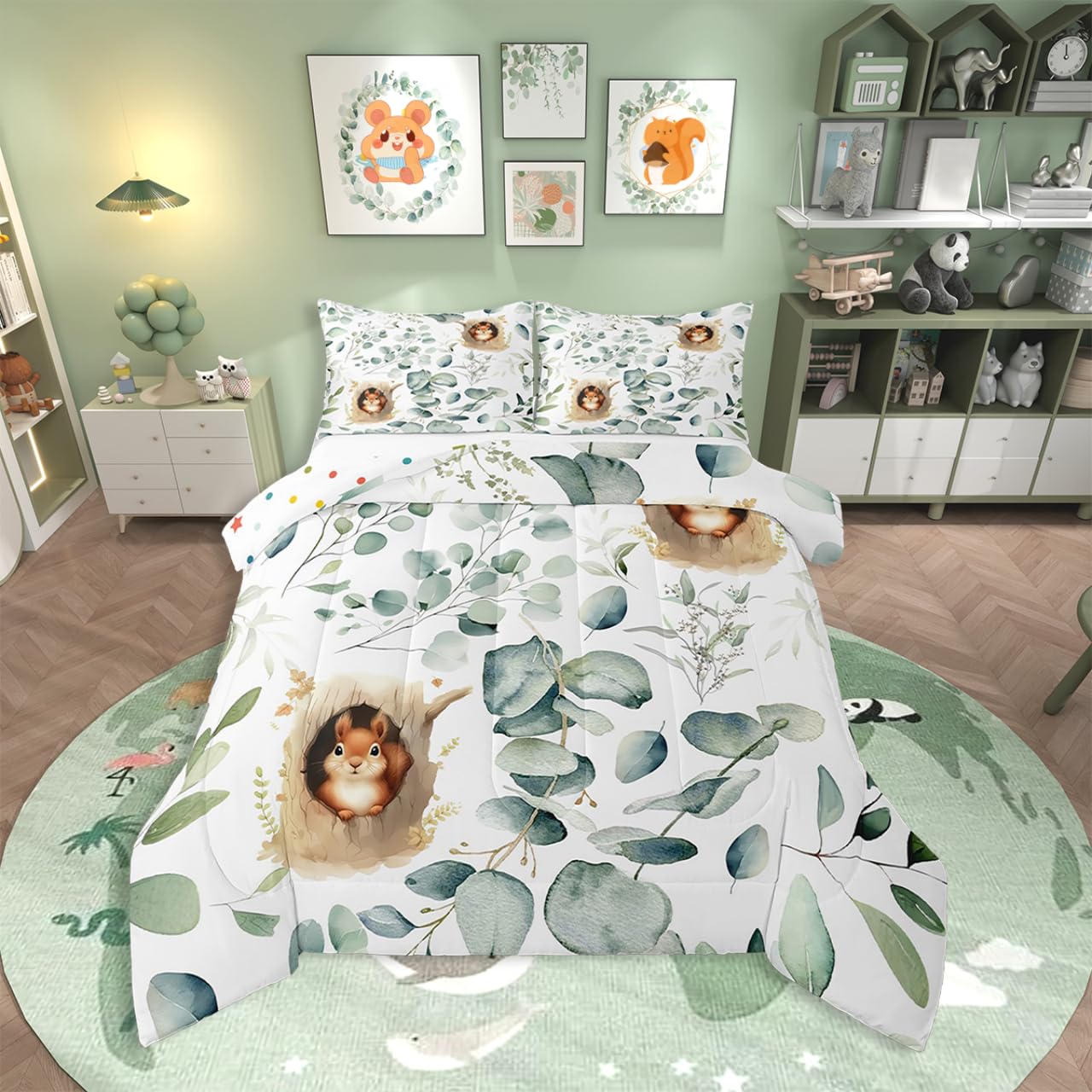 Erosebridal Kawaii Squirrel Bedding Twin for Boys Girls Cartoon Animal Comforter Set Twin, Eucalyptus Leaves Duvet Insert Jungle Wildlife Quilt Comforter, Tropical Plants Bedding Comforters & Sets
