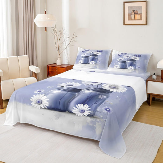 Erosebridal Girly Floral Sheets Queen Size Aesthetic Girls Blue Butterfly Bed Sets for Women Teens Cute Botanical Sheets Pretty Watercolor Petals Bottle Decor Flat Fitted Sheet