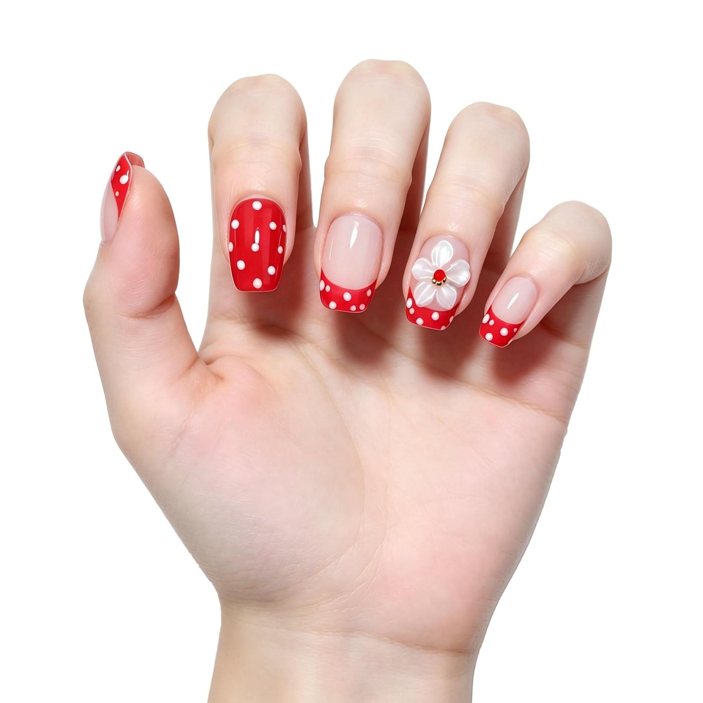 EasierGlow 10Pcs Handmade Short Square Press On Nails | Easy Apply & Remove, Reusable Salon Quality Nails | Nude Red Polka Dot French Press Ons with 3D White Flower & Gold Bead Accents (Y209, S)