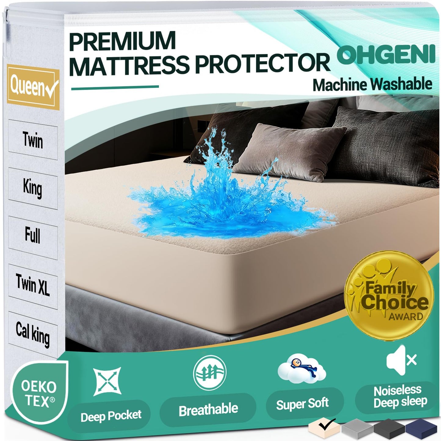 OhGeni 100% Waterproof Mattress Protector, Queen Beige Size, Fitted Sheet with Deep Pockets, 6''-18'', Premium Noiseless Breathable Soft Material, Mattresses Cover for Bed