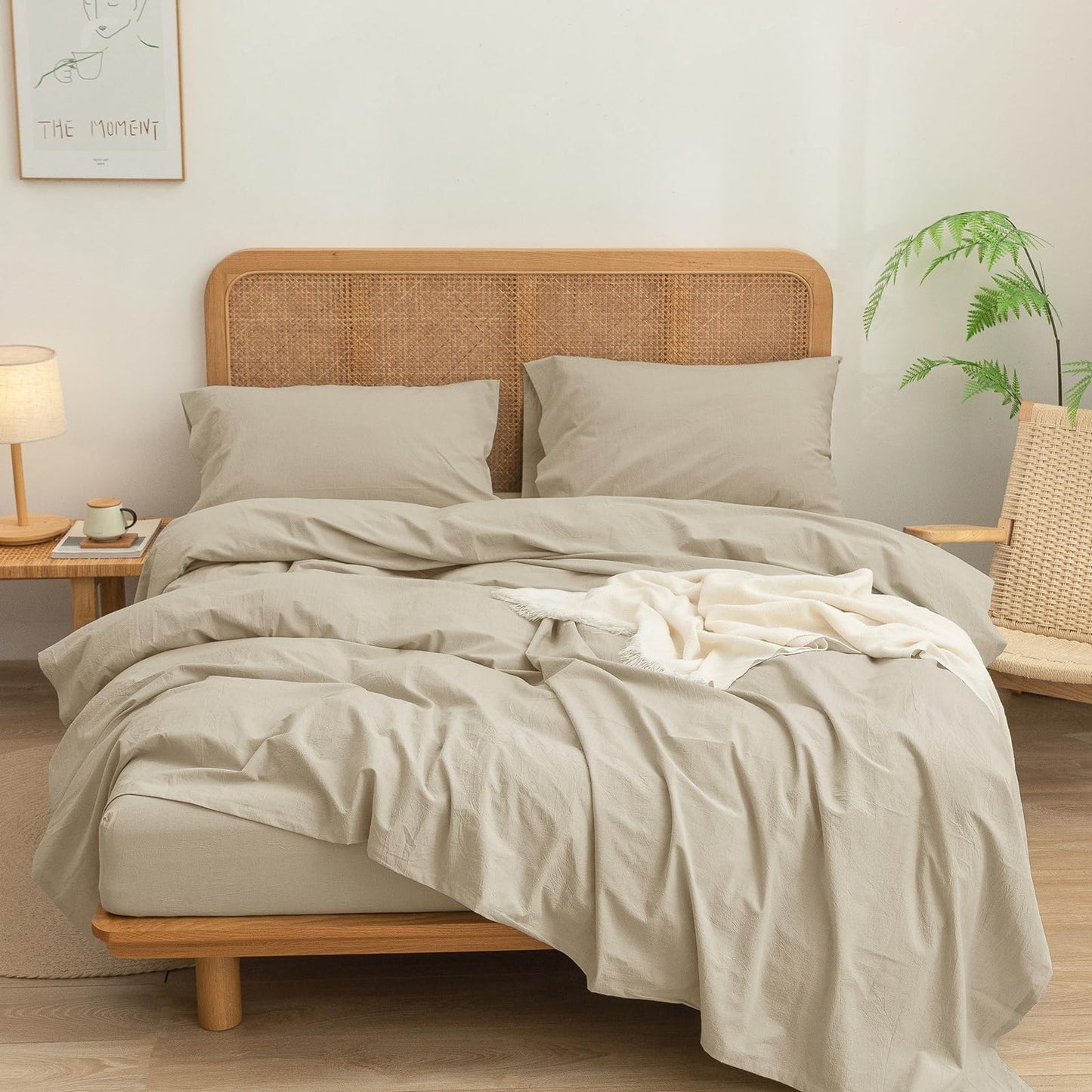 BESTOUCH Flat Sheet Only 100% Washed Cotton Linen Feel Wrinkle-Free, Fade-Resistant, Stain-Resistant, Bed Top Sheet, Solid Almond Milk Grey Queen