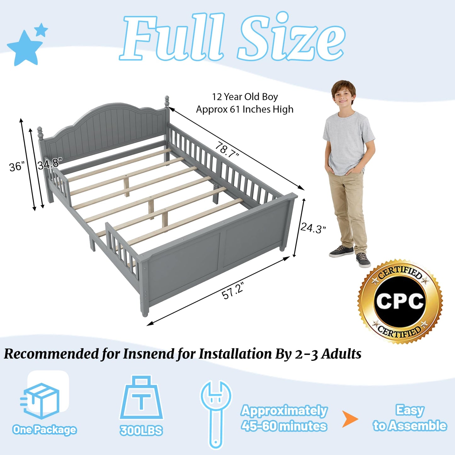 OYUMOENTS Full Size Bed Frame Kids, Low Profile Kids Full Size Bed Frame with Headboard and Footboard, Wood Platform Beds with Rails for Boys & Gilrs, No Spring Box Required, No Squeaks, Gray