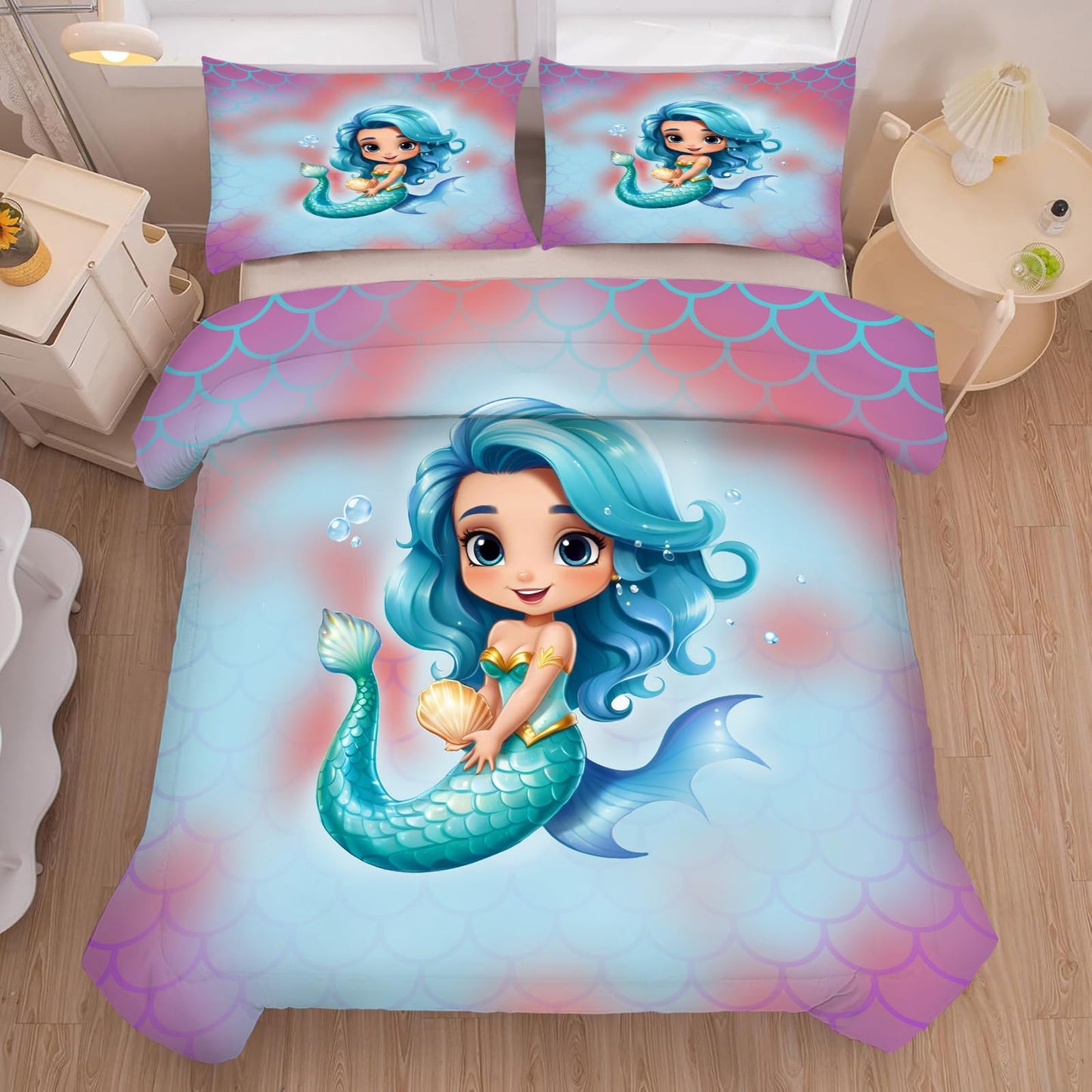kxry King Size Little Lovely Mermaid Princess Comforter Sets Mermaid Fish Scale Bedding Set Sparkle Teal Quilt for Girls Kids Lightweight Soft Microfiber Room Decoration Duvet