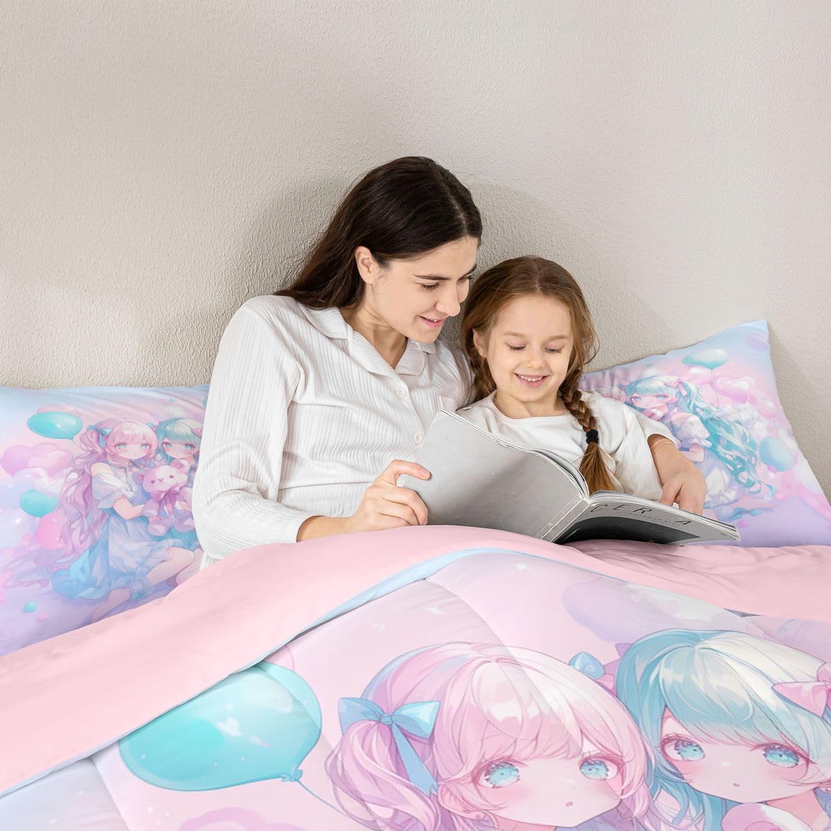 Erosebridal Anime Girl Kids Bedding | Girly Friendship Full Comforter Sets,Fantasy Dreamy Girls Comforter Romance Ballons Duvet Insert with 2 Pillow Cases