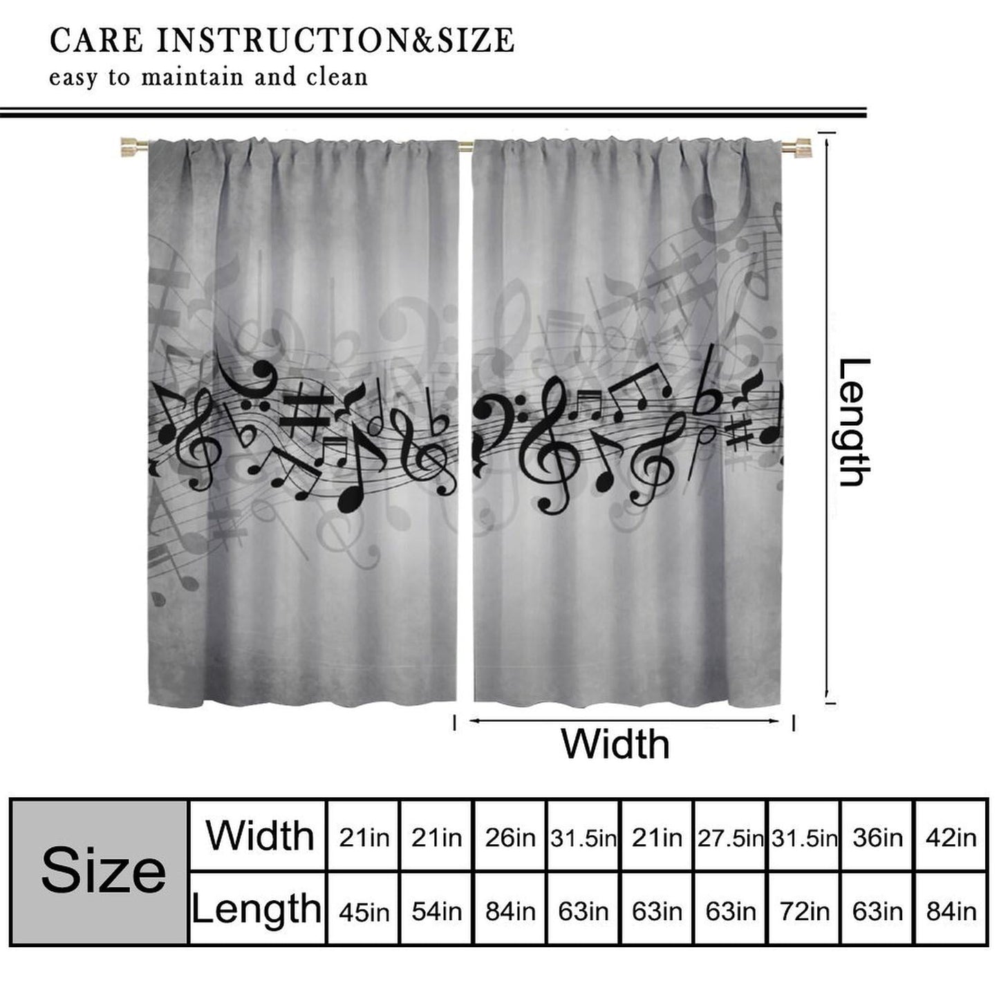 Djaby Music Notes Curtain, Musical Notes Rhythm of The Song Curtain Black and White Singing Clef Ornamental Window Treatments for Bedroom Living Room Home 42" W X 45" L(No Blackout)