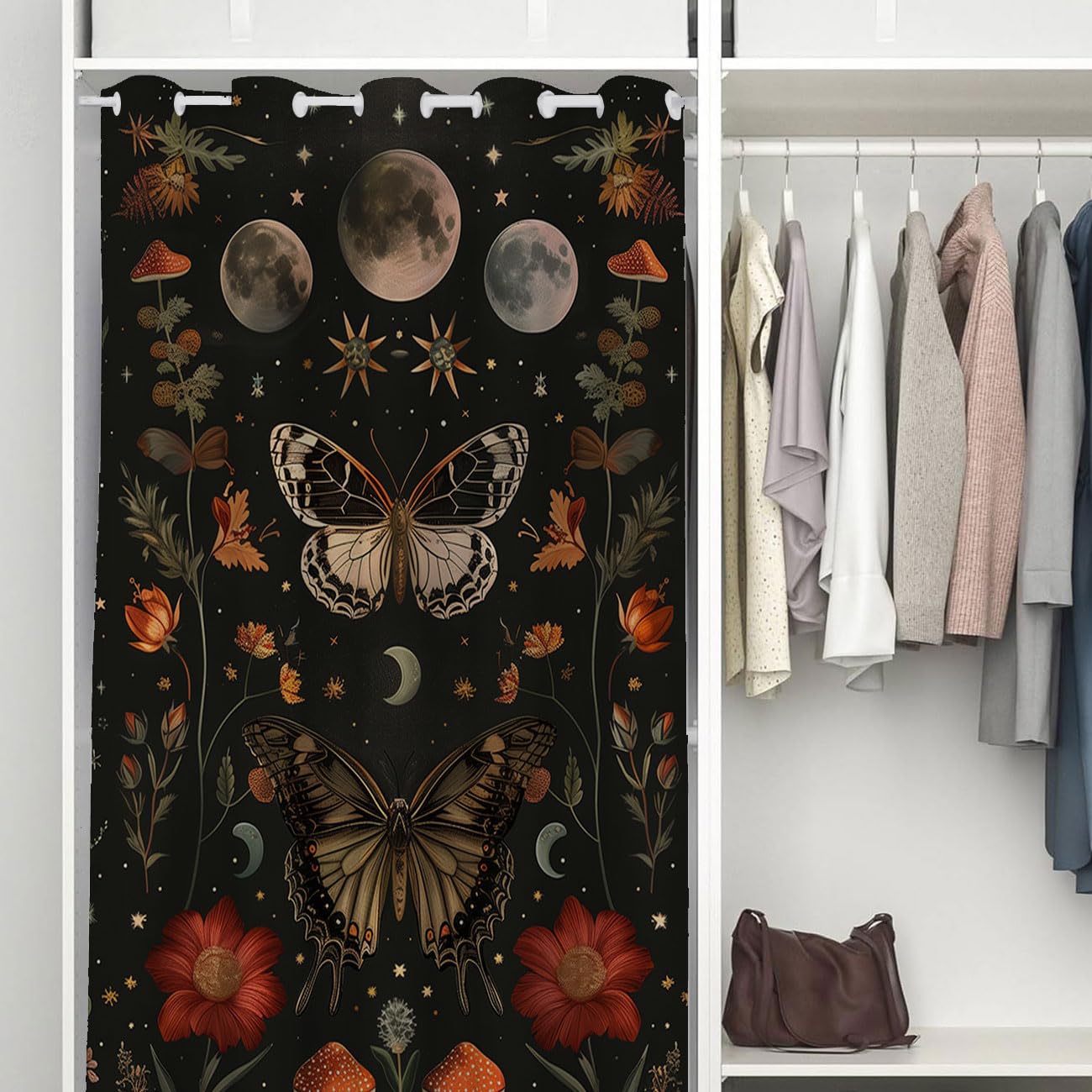 Fangpamz Moth Butterfly Door Curtain for Doorway, Mushroom Moon Phase Boho Flowers Closet Door Cover, 1 Panel 34" W x 80" L
