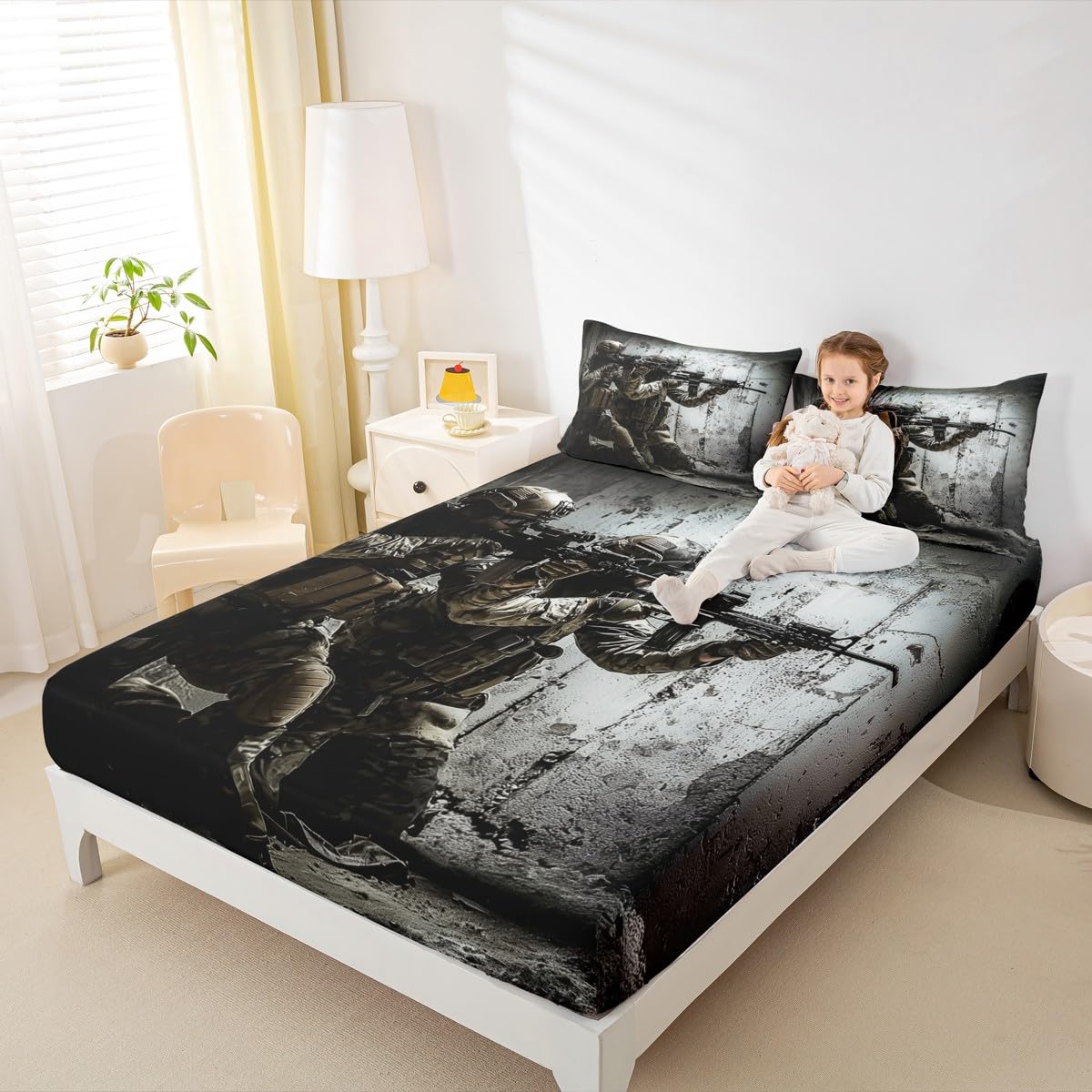 American Soldier Fitted Sheet, Boys Teens Under Mission Sheet Set, Rifle Machine Gun Bedding Set, Army Military Camo Fitted Bed Sheets Twin Camouflage Bedroom Decor for Youth Man No Top Flat Sheet