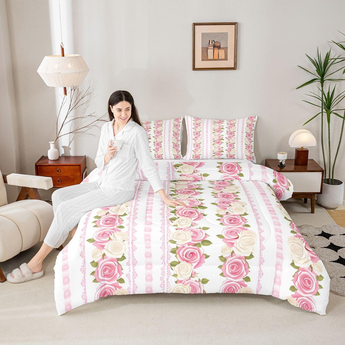 jejeloiu Pink Rose Comforter Set All Season Romantic Flower Floral Bedding Set with 1 Pillow Cases Farmhouse Microfiber Kids Toddler Bedclothes Bedroom Decor Duvet Quilt Breathable Soft Lightweight