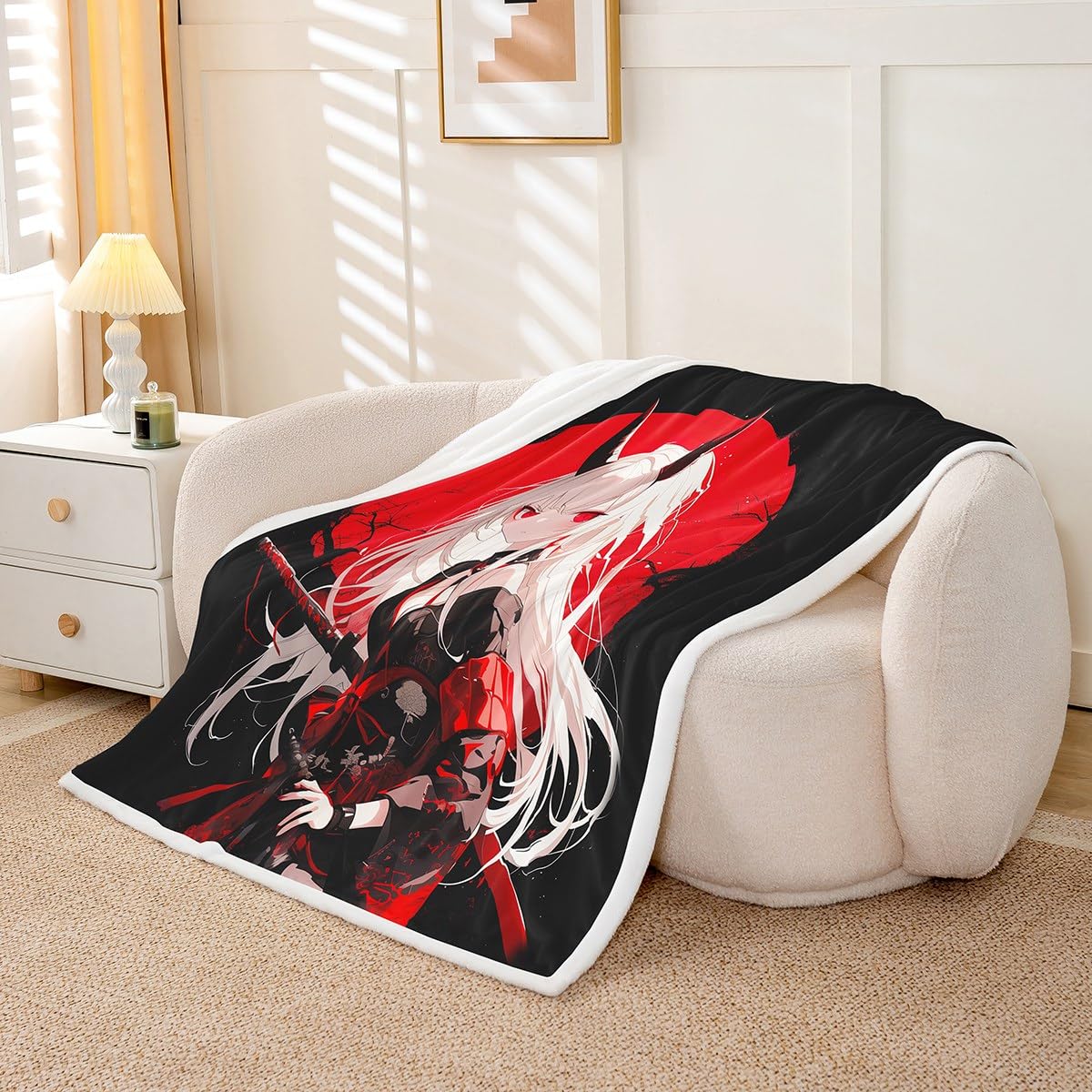 Erosebridal Twin Size Japanese Anime Throw Blanket for Kids, Anime Girl Decor Kawaii Japanese Fleece Sherpa Blanket Cartoon Japan Animation Bed Set for Boys Teen Adult Women Bedroom,Red Black