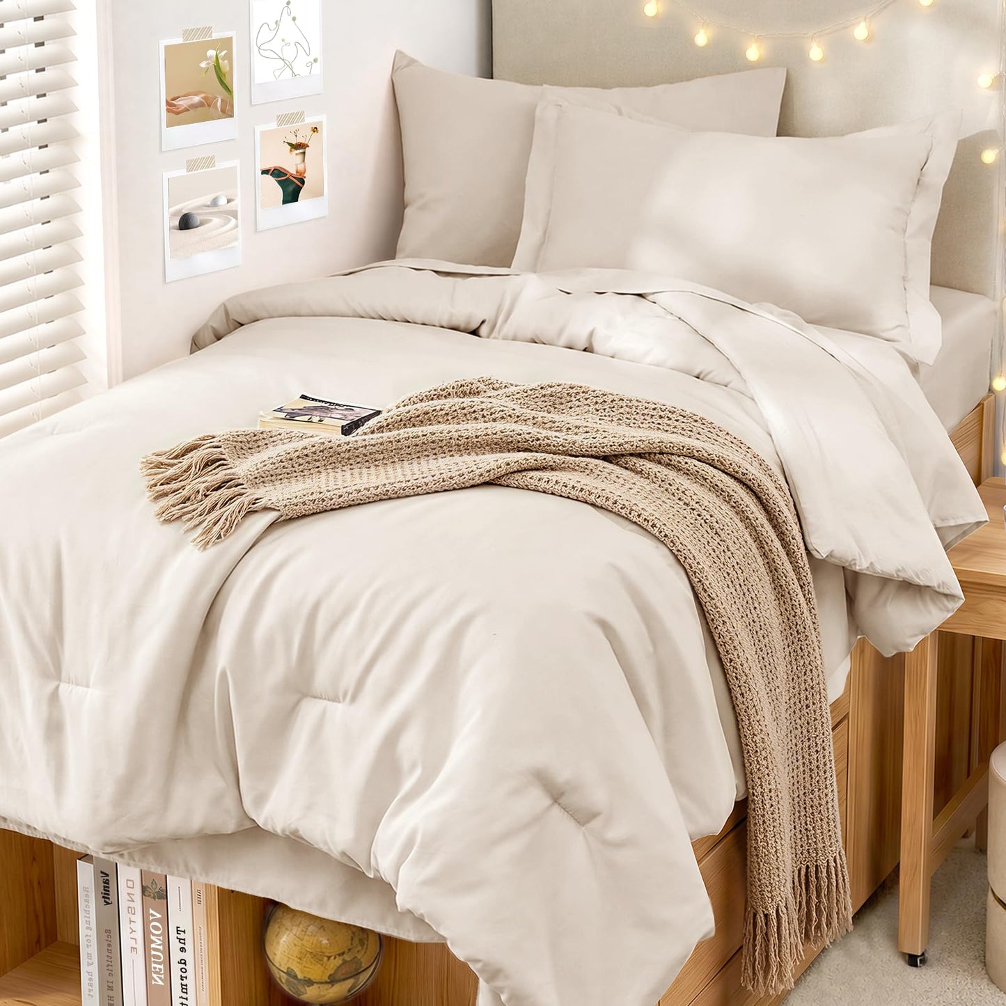 MUXHOMO 5 Pieces Twin XL Comforter Set, Soft Bed in a Bag Twin XL Size, All Season Bedding Set with Comforter, Flat Sheet, Fitted Sheet, Pillowcases & Shams, Beige