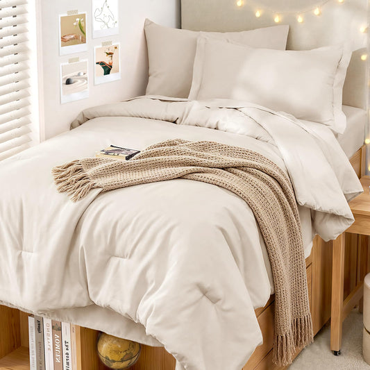 MUXHOMO 5 Pieces Twin XL Comforter Set, Soft Bed in a Bag Twin XL Size, All Season Bedding Set with Comforter, Flat Sheet, Fitted Sheet, Pillowcases & Shams, Beige