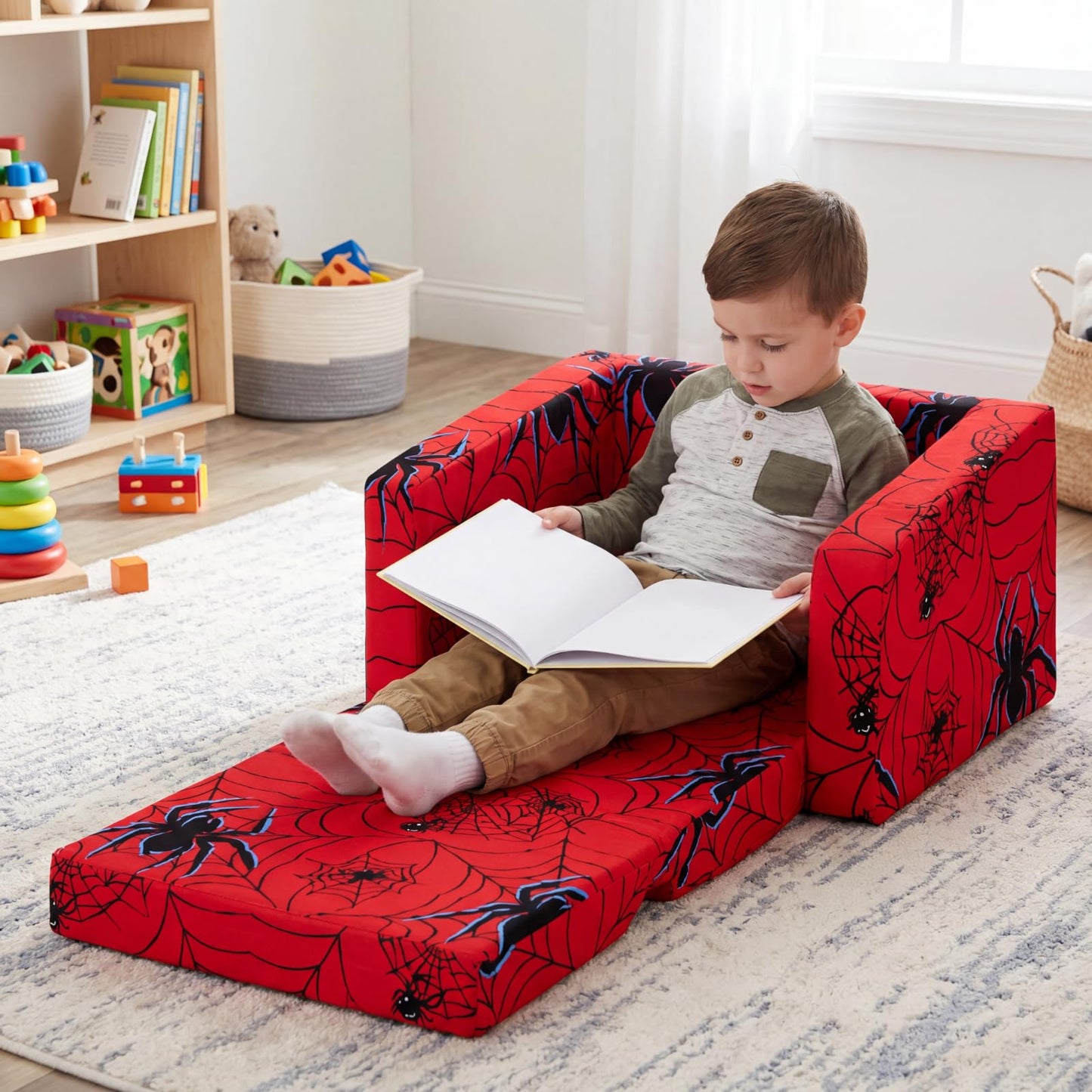 Sliner Kids Sofa 2-in-1 Flip-Out Chair Convertible Fold Out Kids Couch to Lounger Foam Soft Toddler Chairs Comfy Flipout Seat with Washable Cover for Ages 3 and up for Playroom Bedroom(Spider)