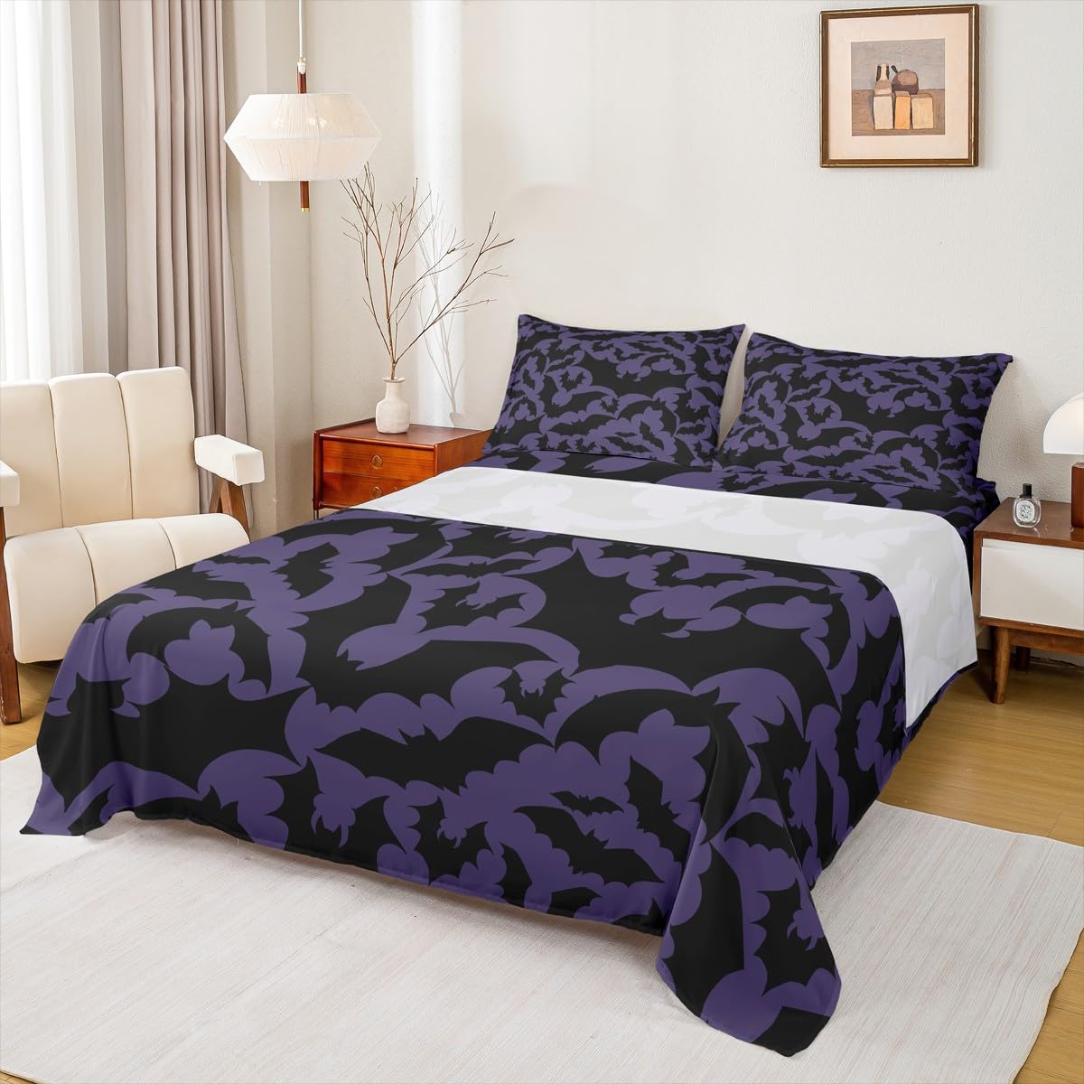 Castle Fairy Halloween Themed Bed Sheet Set Twin Size,Black Bats Animal Print Fitted Sheet + 1 Flat + 1 Pillow Sham,Dark Purple Color Bed Mattress Cover for Kids Boys Xmas Gift,Ultra Soft