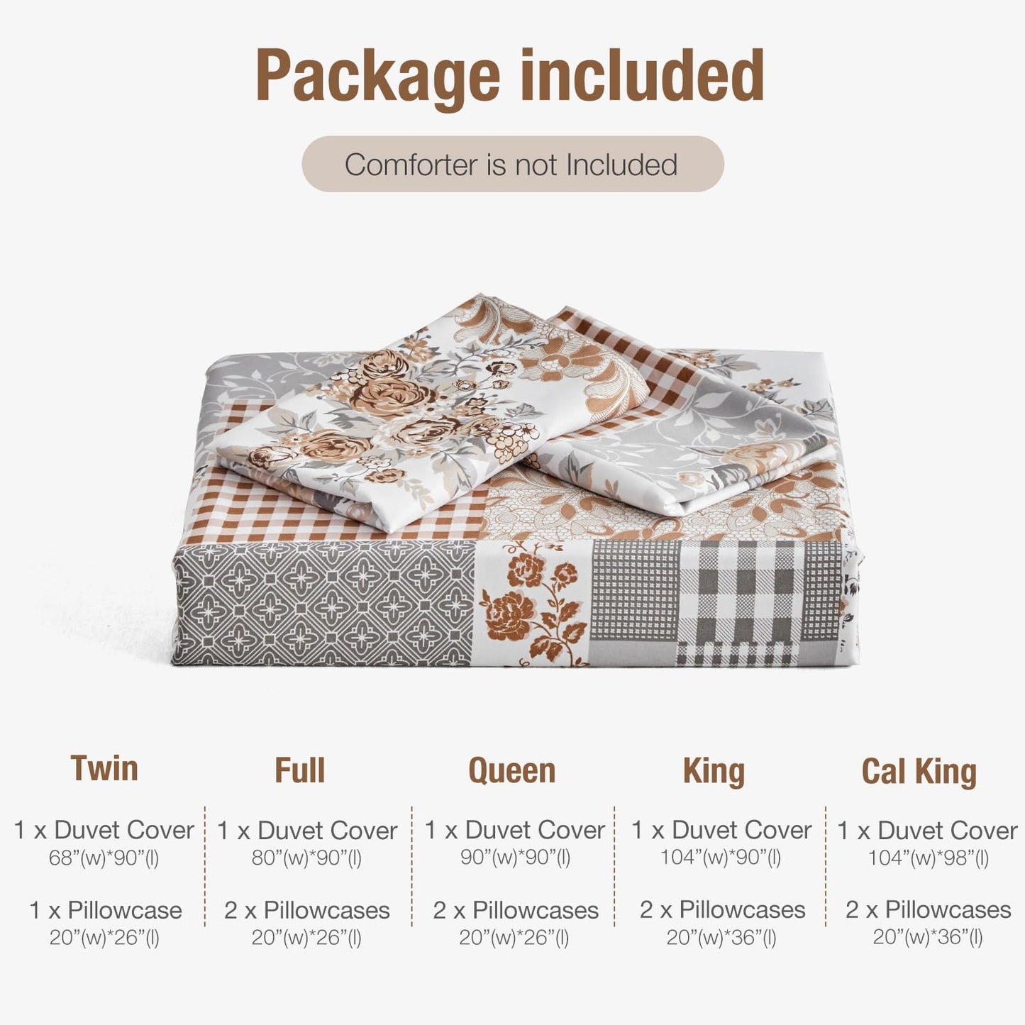 Lekesky King Size Duvet Cover Set, Patchwork Floral 3 Pieces Reversible Grey Duvet Cover Set, Ultra-Soft Microfiber 3 Pieces Comforter Cover with Zipper and Corner Ties, Includes 2 Pillowcases
