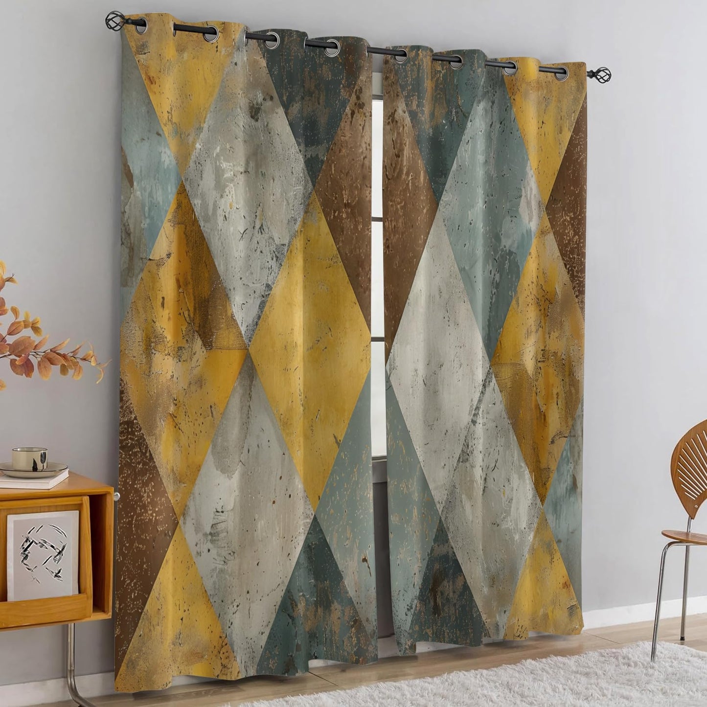 XAFIAUR Geometry Blackout Curtains, Rhombus Art Printed Drapes, Retro Geometry Thermal Insulated Drapes 2 Panels Darkening Window Curtain for Bedroom Living Room 31.5" W x 63" L x2