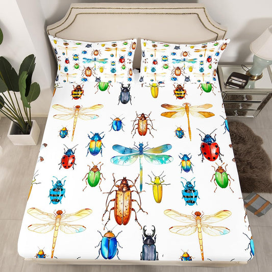 Erosebridal Kids Dragonfly Sheet Set Full Size Ladybug Fitted Sheet Dragonfly Gifts for Women,Reptile Bedding Set for Boys Girls Children Colorful Bed Sheet Lightweight Bed Decorative(No Flat Sheet)