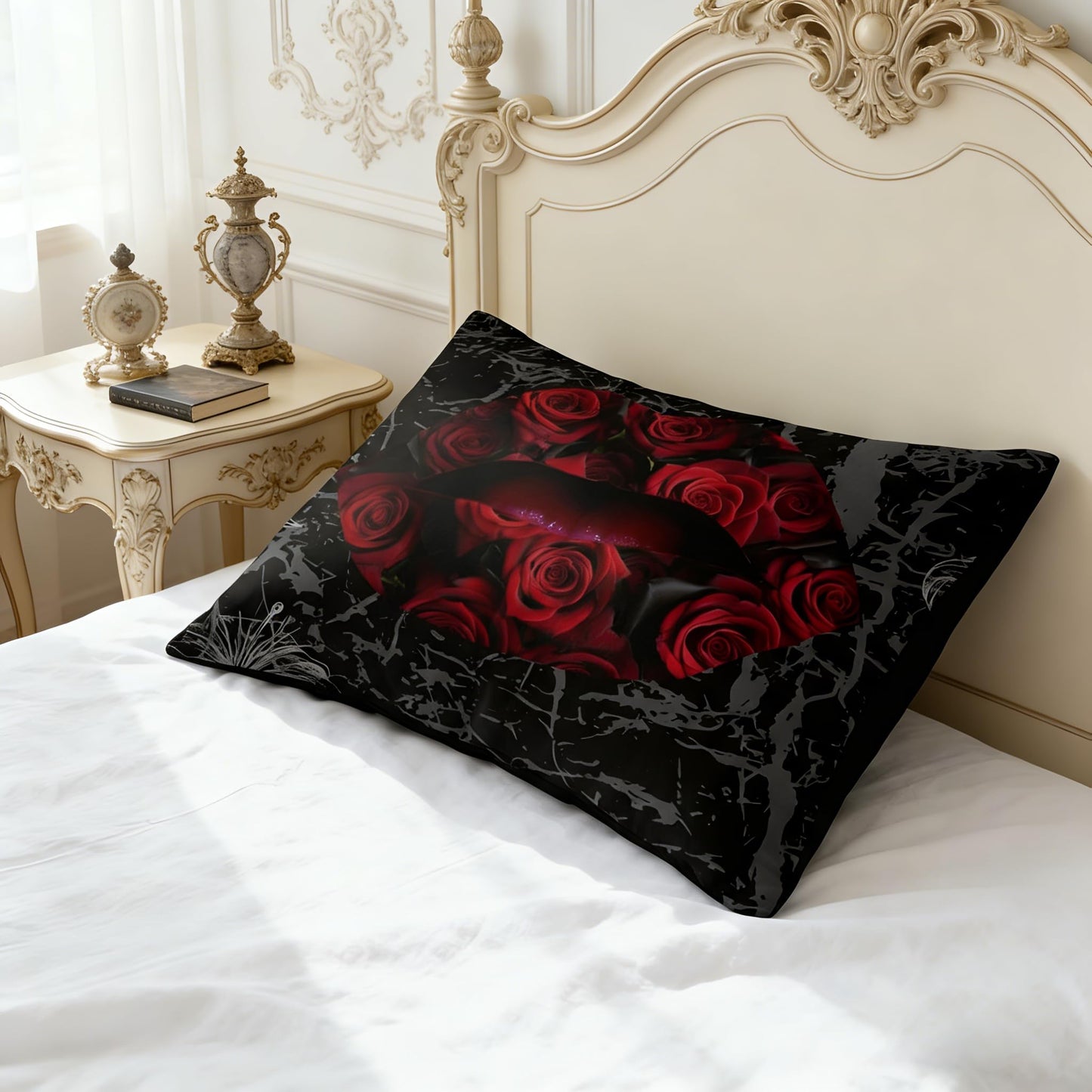 CCoutueChen Black Red Rose Lips Comforter Set Queen Size 3 Pieces, Gothic Floral Bedding Set, Dark Romantic Red Rose Print Comforter, Soft Microfiber All Season Bedroom Decor with 2 Pillow Shams