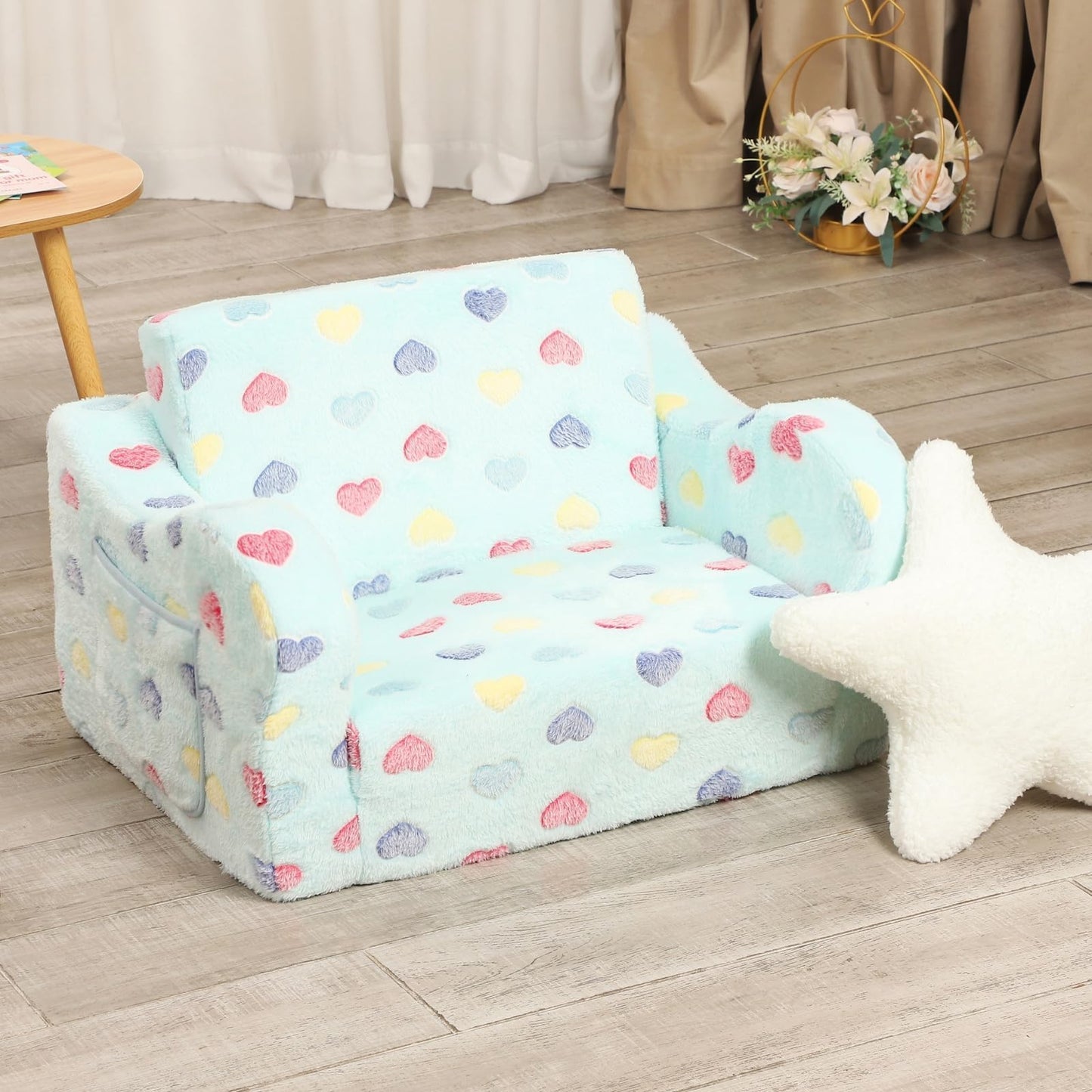 MOMCAYWEX Toddler Couch, 2-in-1 Kids Soft Couch Fold Out with Star Pillow, Foldable Sofa to Lounger, Medium, Colorful Heart