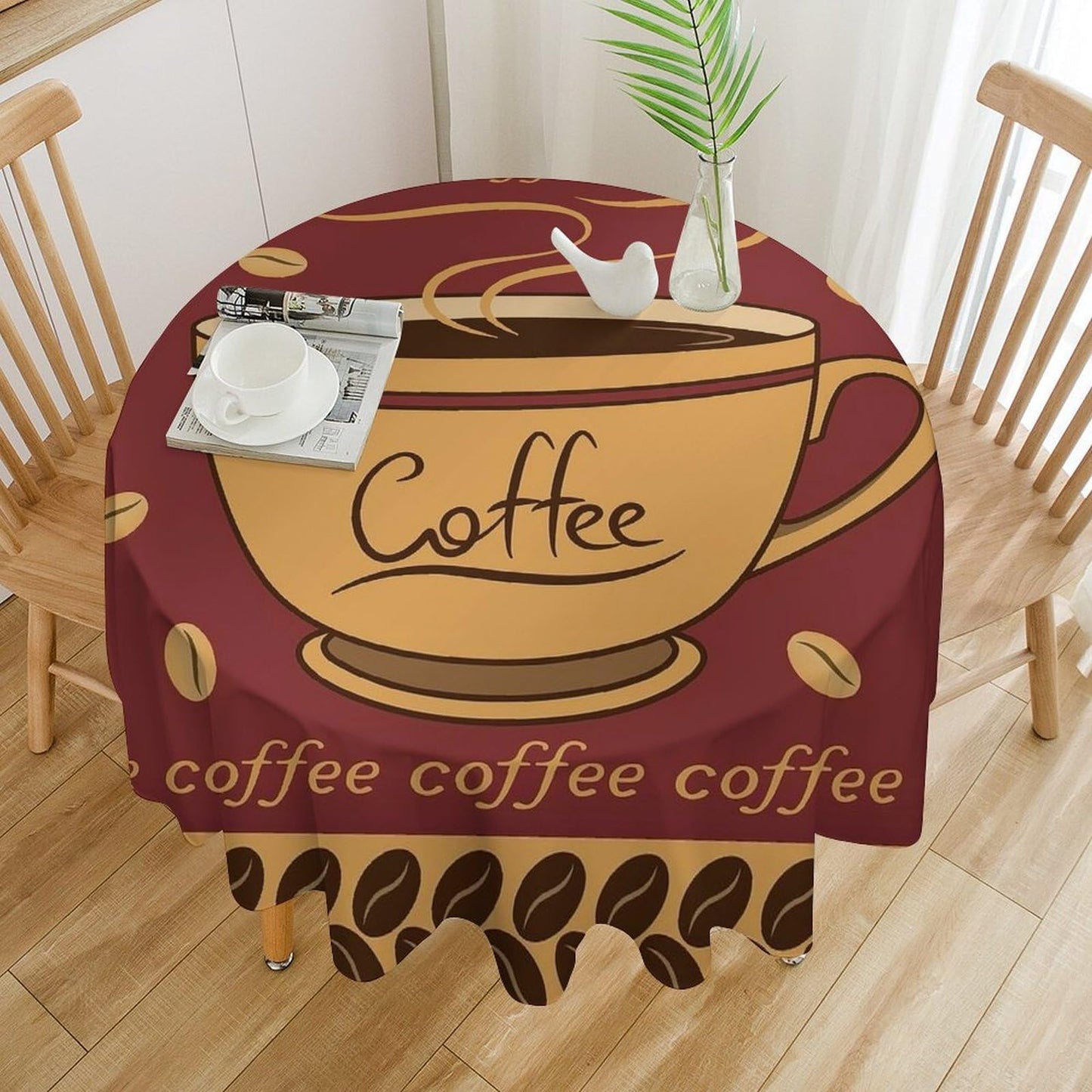GoDazzling Coffee Round Tablecloth, Brown Coffee Themed Kitchen Cafe Tea Party Patterned Cafe Tablecloth for Home Party Dining Room Kitchen Decor 36Inch(90cm)