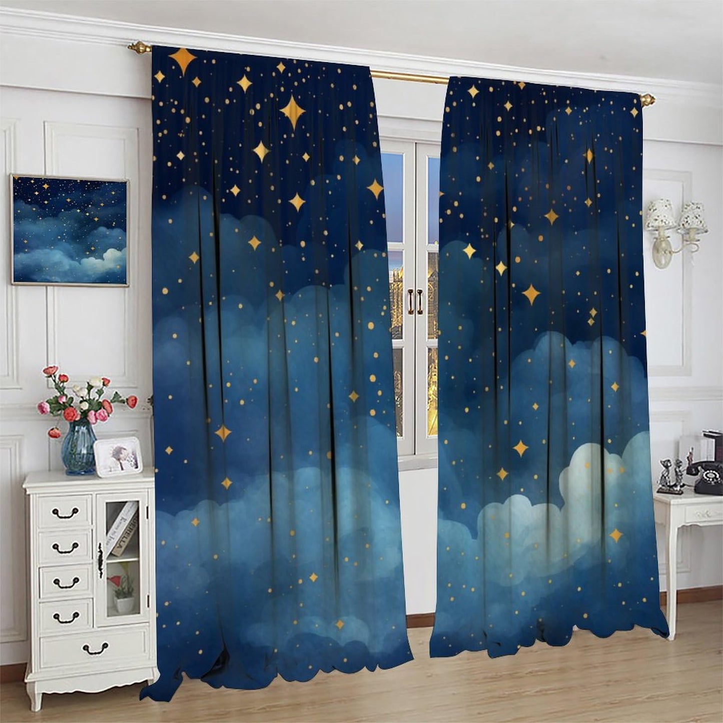Djaby Night Sky Stars Curtain for Kids, Blue Starry Space Galaxy Pattern Window Treatments for Boys Girls Bedroom Toddlers Room Living Room Decor 42" W X 45" L(No Blackout)