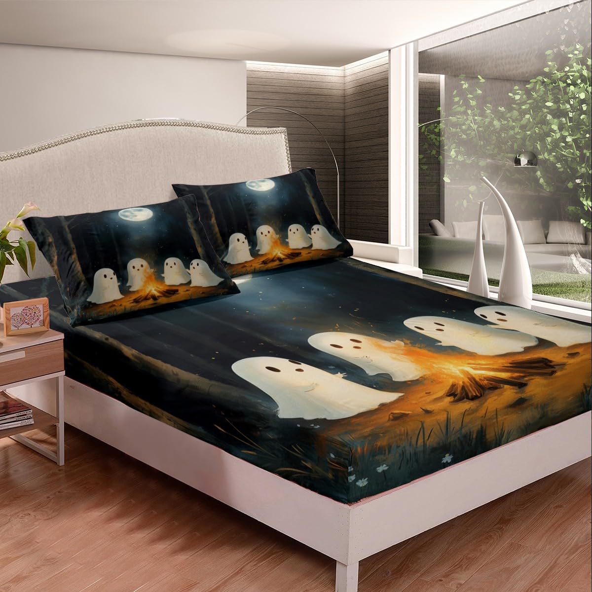 jejeloiu Cute Ghost Sheet Set for Girls Boys Kids King Size Happy Halloween Sheets with Deep Pocket Fitted Sheet Ghost at Campfire Bed Sheets Set Bedding Set,1xBed Sheets Set+ 2xPillow Shams
