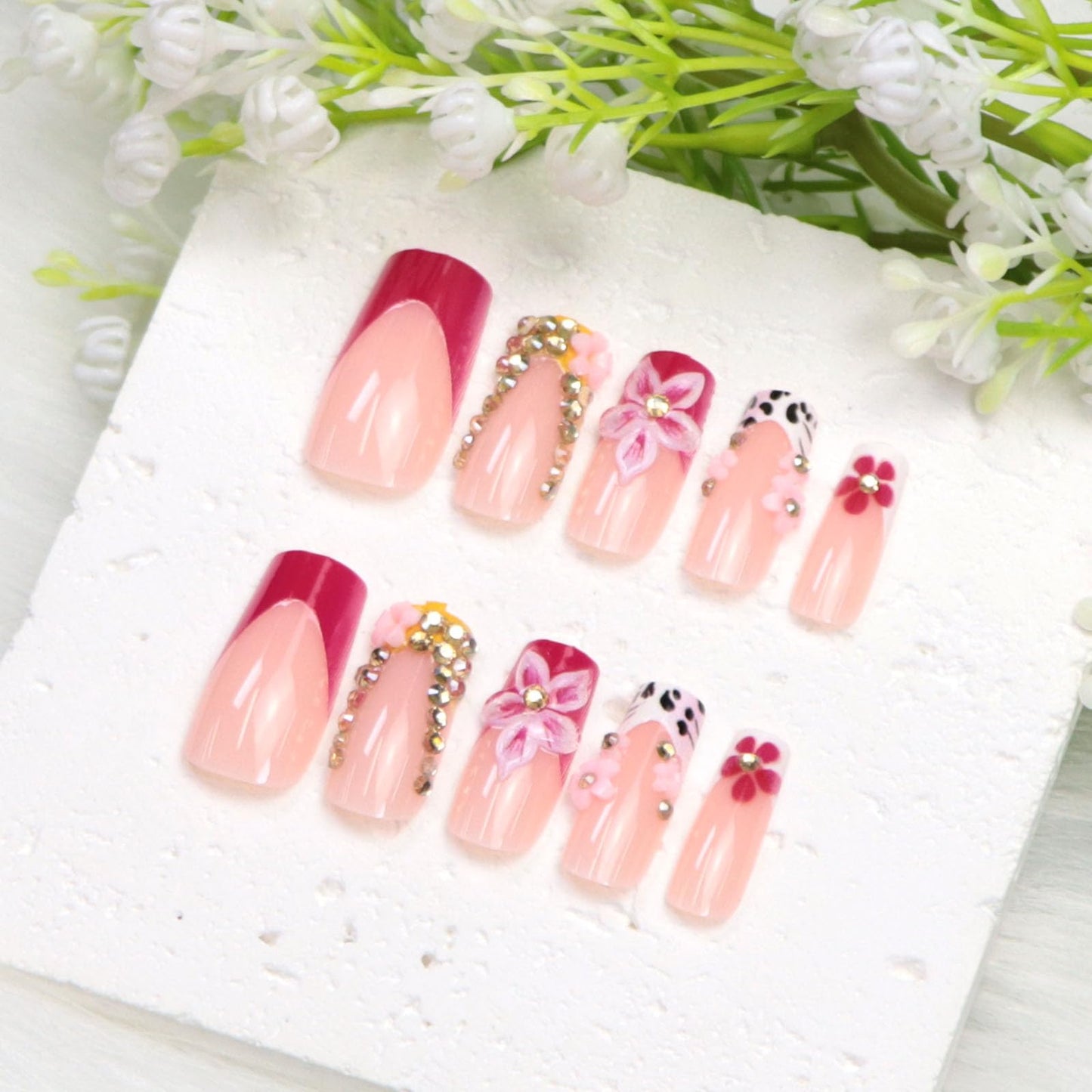 Medium Press on Nails Square Fake Nails with 3D Flower Rhinestones Designs White Pink Yellow Nails Press ons Fall False Nails for Women 24Pcs