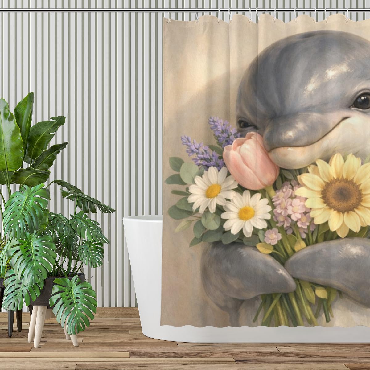 REZHOCH Funny Dolphin Shower Curtain 72x72 Inch Cute Animal Holding Flowers Home Bathroom Decor Floral Modern Art Minimalist Style Kids Waterproof Fabric Bath Set with Hooks