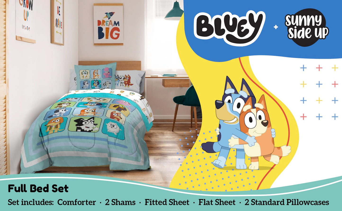 Sunny Side Up Bluey & Friends Full Comforter Set - 7 Piece Kids Bedding Includes Comforter, Sheets & Pillow Cover - Super Soft Microfiber Bed Set
