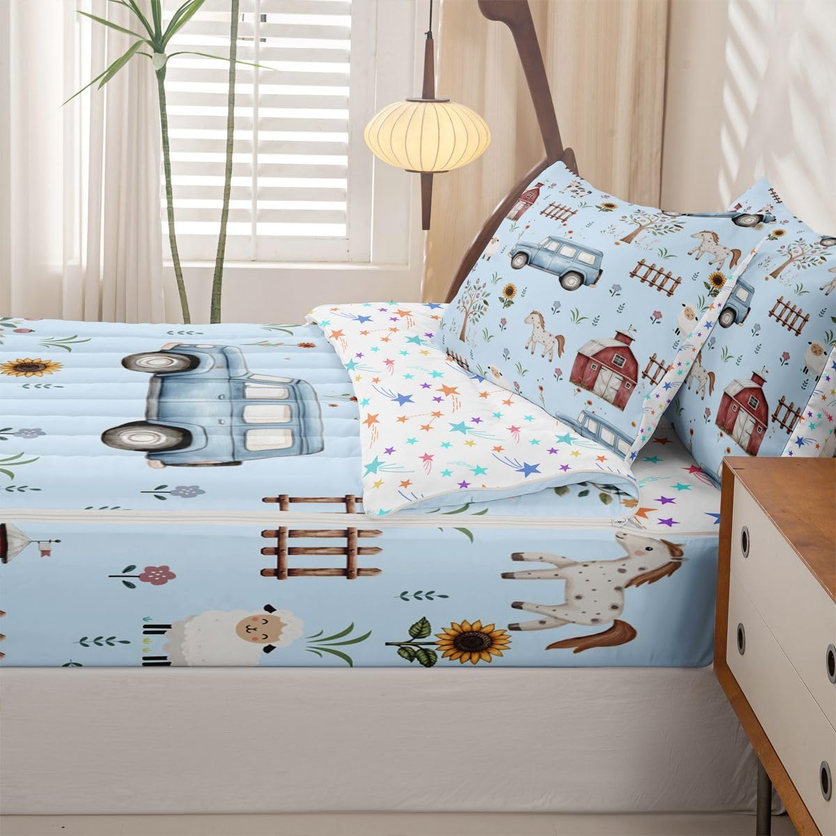 Erosebridal Farm Animal Twin Zipper Bedding Cartoon Tractor Kids Comforter Set with Fitted Sheet Rustic Barn Door 3 Pcs Bed in a Bag Set Farmhouse Horse Sheep Cow Sunflower Floral Zip Up Bedding Sets