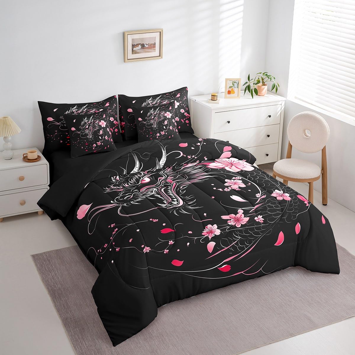 Erosebridal Sakura Dragon Bedding Set for Girls,Exotic Dragon King Comforter Set 7 Piece for Kids Boys Teen,Magical Animal Black Bed in A Bag Pink Cherry Blossom Japanese Style Bed Set