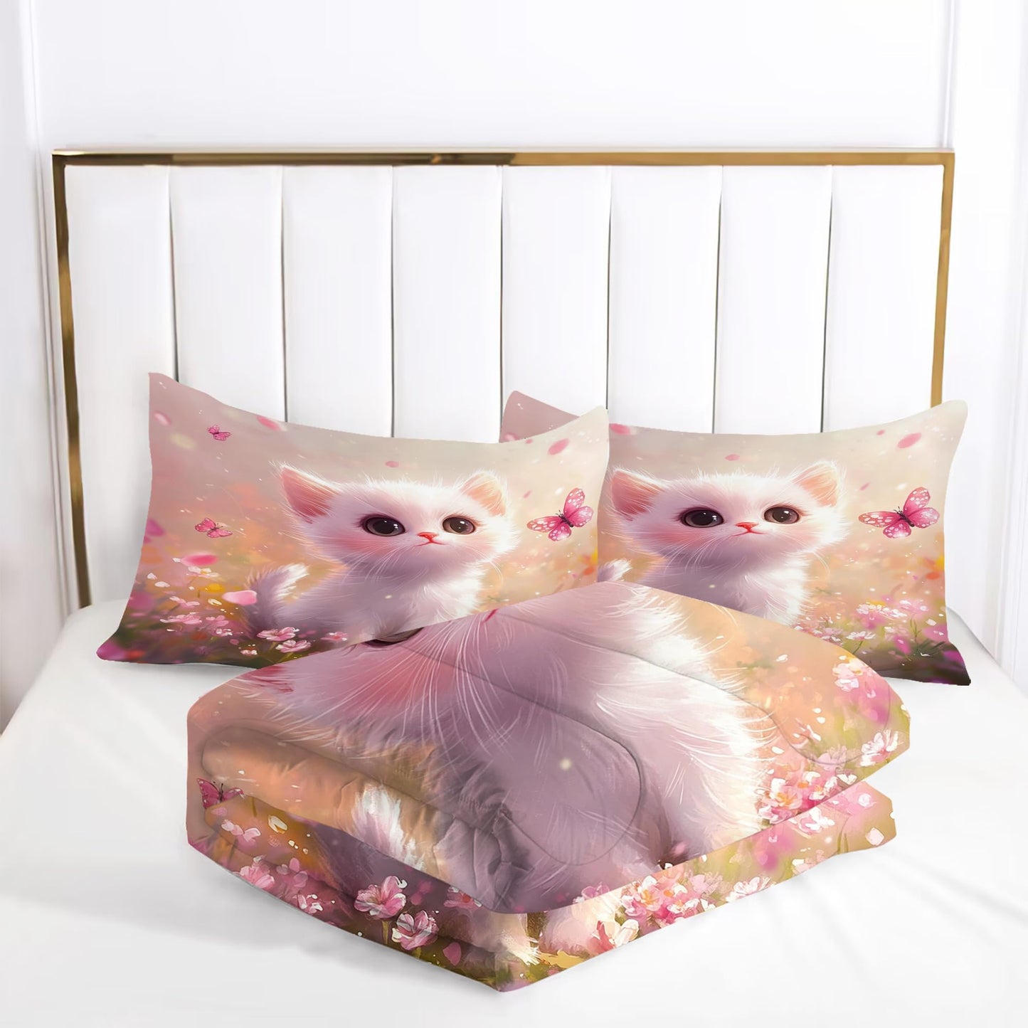 EDGZKO Pink Cat Comforter Set: Full Size Cute Kitten Floral Bedding Sets Kawaii Cartoon Cat Butterfly Flower Quilt for Kids Girls Teens Women Soft Bed Set 1 Comforter & 2 Pillowcases
