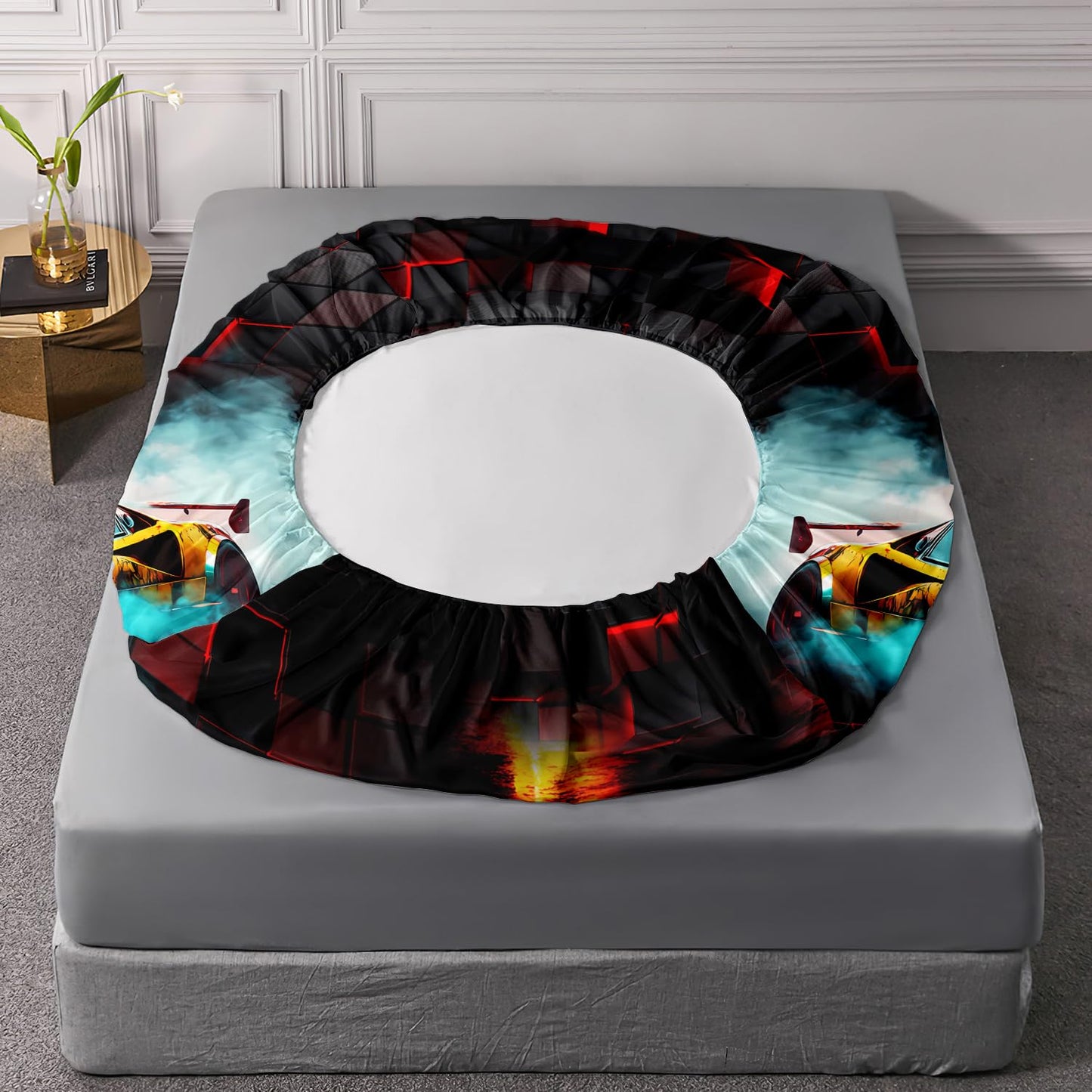 HOSIMA Boys Race Car Fitted Sheet Full,Black Red Geometric Background Pattern Lightweight Cool Extreme Sports Bedding for Kids Men Car Room Decor,1 Fitted Sheet+2 Pillowcases.